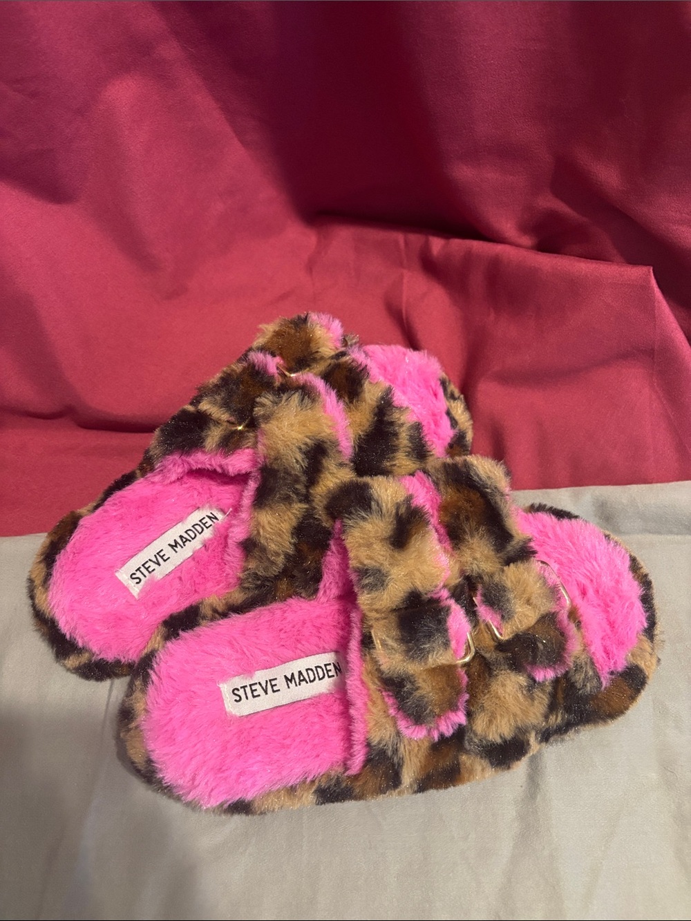 Steve Madden Pink Leopard Fuzzy Slide Slippers for Kids